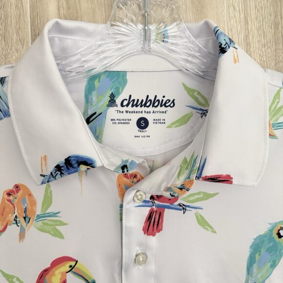Chubbies Performance Polo 2.0 Shirt Men’s Small The Dude Where's Macaw Parrots - Picture 6 of 16
